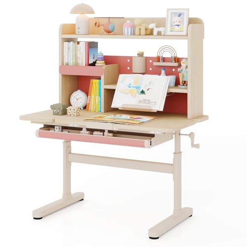 LIFEZEAL Schreibtisch Kinder, Kinderschreibtisch mit neigbarer Tischplatte, Studienschreibtisch mit Notenständer, Regal & Leseständer, Kindertisch für Mädchen & Jungen 3-12 Jahre (Rosa) von LIFEZEAL