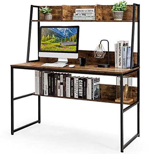 LIFEZEAL Schreibtisch mit Aufsatz, Computertisch mit Ablagen, Multifunktionaler Arbeitstisch mit Bücherregal, Bürotische aus Holz, für Arbeitszimmer & Schlafzimmer, 120 x 57 x 140 cm (Kaffee) von LIFEZEAL