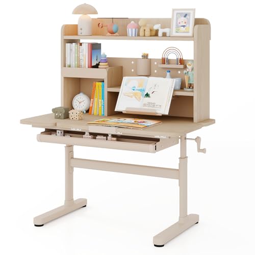 LIFEZEAL Schreibtisch mit neigbarer Tischplatte für Kinder, höhenverstellbarer Notenständer mit Schublade, Regal und Leseständer, einziehbar, Studienschreibtisch mit Metallfüßen, für 3-12 Jahre (Natur von LIFEZEAL