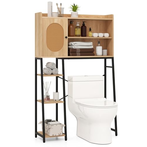 LIFEZEAL Toilettenschrank Holz, Platzsparendes Toilettenregal mit Rattan-Türen, Multifunktionaler Überbauschrank Badezimmerschrank, 89 x 29 x 139 cm, Natur von LIFEZEAL