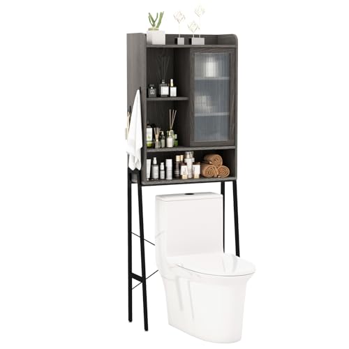 LIFEZEAL Toilettenschrank mit Schiebetür und Haken, Aufbewahrungsschrank Waschmaschinenschrank Holz, Toilettenregal Überschrank, für Badezimmer 63 x 29 x 170 cm von LIFEZEAL