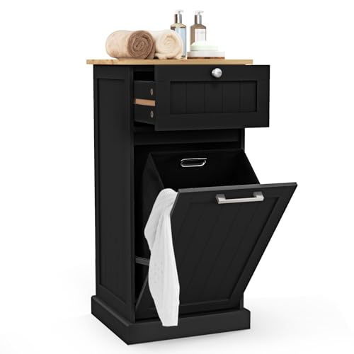 LIFEZEAL Wäscheschrank, Badezimmerschrank mit Schublade & Wäschebox, Wäschetruhe Wäschesammler mit neigbarer Tür, Wäschekorb für Badezimmer, 40 x 37 x 82 cm (Schwarz) von LIFEZEAL
