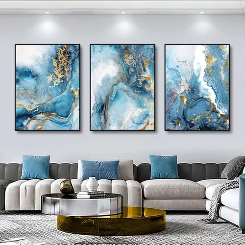 Luxuriöse Leinwanddrucke mit Marmorstruktur, blau und goldfarben, Naturstein, Farbmaterial, Muster, kreative Kunst, Gemälde, Heimdekoration (20 x 30 cm x 3/ohne Rahmen) von LIFKNVN