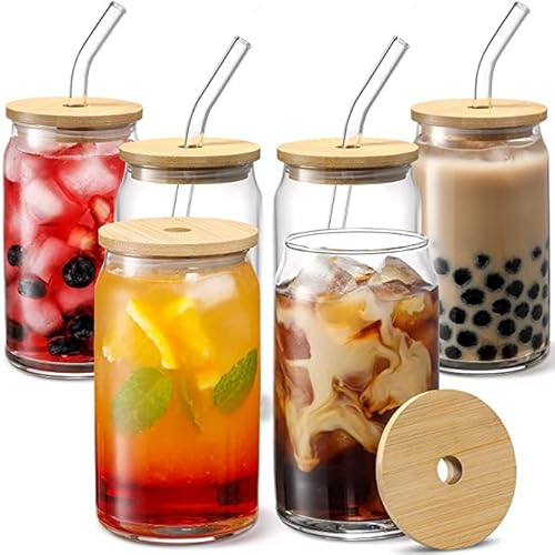 LIFKOME 2Pcs Glasbecher mit Holzdeckel Und Glasstroh 12 Unzen Eisgläser Dosen Geformte Glasbecher Tragbare Getränkebecher Becher Tasse für Smoothie Boba- Tee Eistekaffee von LIFKOME