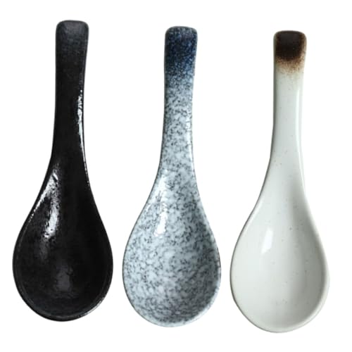 LIFKOME 3 Stück Teiliges Keramiklöffel Japanische Suppenlöffel Leichte Dessertlöffel aus Sicherem Keramikmaterial in Blau Schwarz Servieren von Suppe Reis und Frühstück von LIFKOME