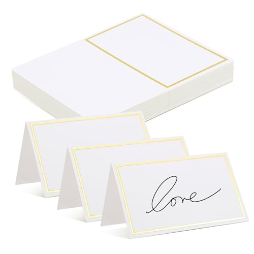 LIFKOME 40 Stück Teiliges Tischkarten Weiß mit Goldfolie Rand Blanko Platzkarten für Hochzeit Bankett Party Tischdekoration Reservierte Sitzplätze und Namensbeschriftung von LIFKOME