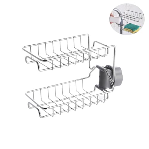 LIFKOME Edelstahl Wasserhahn Organizer Doppelstöckiges Abtropfgestell für Küchenspüle Rostfrei Kratzfest Verstellbarer Schwammhalter Einfach Montage Ohne Bohren Clip Design Für Rundrohre von LIFKOME