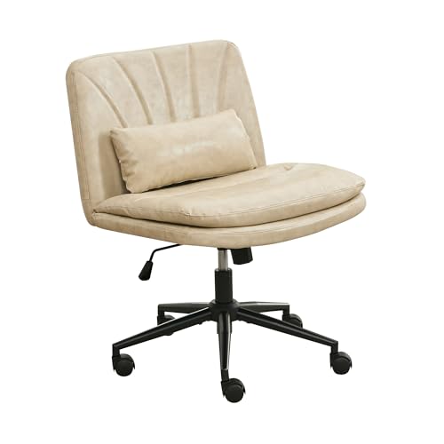 LIFTSHA Breiter Bürostuhl, Gepolsterter Armloser Schreibtischstuhl 360° Drehbarer Homeoffice Lesesessel mit Breiterem Polster zum Sitzen im Schneidersitz Stuhl, Höhenverstellbar (Beige) von LIFTSHA