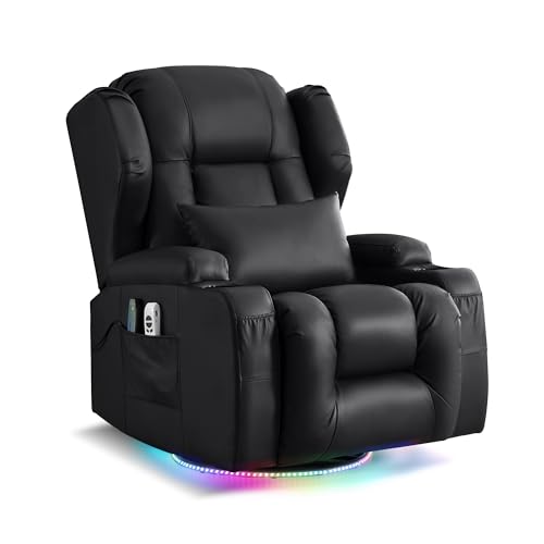 LIFTSHA Relaxsessel mit Liegefunktion, Drehbarer Schaukelstuhl Fernsehsessel mit Heizung & Vibrierende Massage, TV Sessel Heimkinositze mit LED-Umgebungslicht, Elektrisch Verstellbar (1, Schwarz) von LIFTSHA