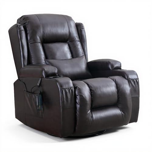 LIFTSHA Relaxsessel mit Liegefunktion, Massagesessel mit Wärmefunktion, 360° Drehbarer Fernsehsessel Wohnzimmer, Schaukelstuhl mit Kissen/Seitentaschen/Getränkehalter (Rötlich-braun) von LIFTSHA