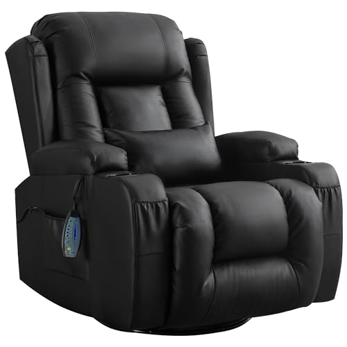 LIFTSHA Relaxsessel mit Liegefunktion, Massagesessel mit Wärmefunktion, 360° Drehbarer Fernsehsessel Wohnzimmer, Schaukelstuhl mit Kissen/Seitentaschen/Getränkehalter (Schwarz) von LIFTSHA