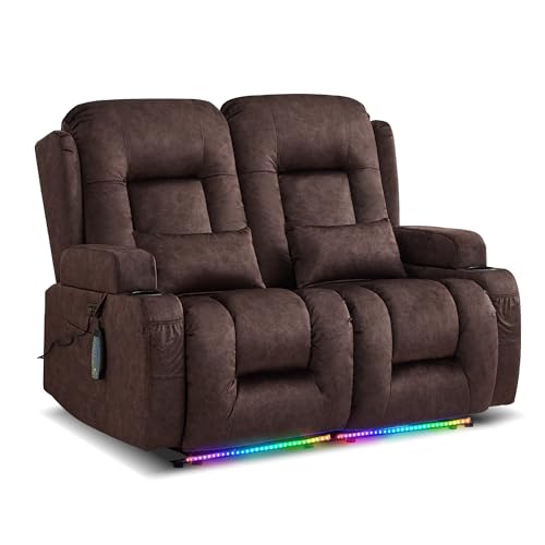 LIFTSHA Zweisitzer Relaxsessel mit Liegefunktion, Fernsehsessel Elektrisch Verstellbar mit Heizung & Vibrierende Massage, TV Sessel Heimkino Sitze mit Mittelkonsole (Braun, Zweisitzer) von LIFTSHA
