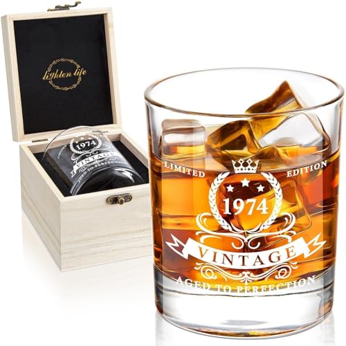 LIGHTEN LIFE Geschenke zum 50. Geburtstag für Männer 360ml, 1974 Whiskyglas in hochwertiger Holzkiste, Bourbonglas für 50 Jahre alten Vater,Ehemann,Freund,Geschenkideen zum 50. Geburtstag von LIGHTEN LIFE