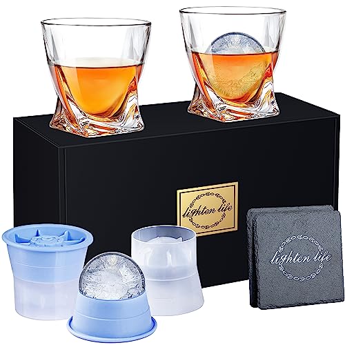 Lighten Life Whiskeyglas-Set,2 Kristall-Bourbon-Glas,2 Eisformen und 2 Untersetzer in Geschenkbox, bleifreies altmodisches Glas für Bourbon,Whiskey-Rockgläser mit Eisform,Whiskey-Geschenk für Männer von LIGHTEN LIFE