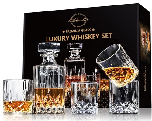 LIGHTEN LIFE 5-teiliges Whisky Karaffe Set, bleifreies Whisky-Dekanter-Set mit 4 Gläsern in Geschenkbox, Kristall-Bourbon-Dekanter-Set, Scotch-Dekanter-Set mit Gläsern, Whisky-Dekanter-Set für Männer von LIGHTEN LIFE