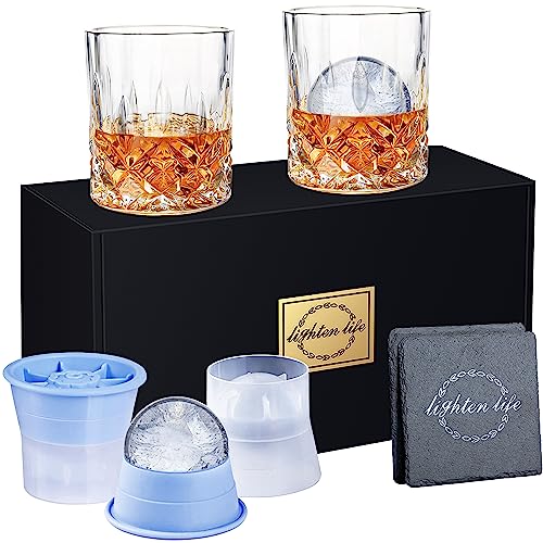 Lighten Life Whiskeyglas-Set, 2 Kristall-Bourbon-Glas, 2 Eisformen und 2 Untersetzer in Geschenkbox, bleifreies altmodisches Glas für Bourbon Scotch, Whiskey-Rockgläser mit Eisform von LIGHTEN LIFE
