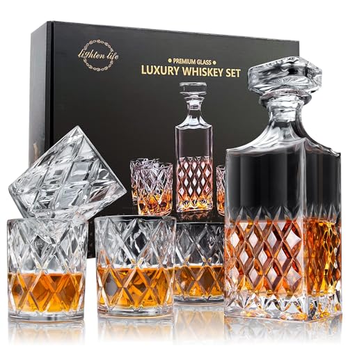 Lighten Life Whisky Karaffe und Gläser Set,Bleifrei Whiskey Karaffe Set,849 ml Kristall-Whisky-Dekanter mit 4 Gläsern 280 ml in Geschenkbox (5 Stück),Whisky-Dekanter-Set für Spirituosen von LIGHTEN LIFE