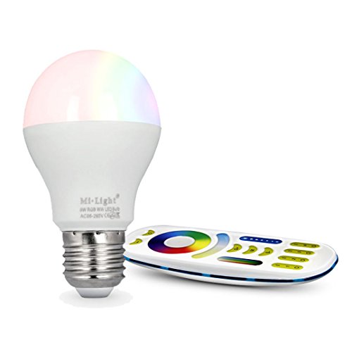 lighteu®, 1x Milight Miboxer 6W E27 RGBCCT Color RGB plus WarmWeiß und kaltWeiß,dimmbar,Farbwechsel Glühbirne mit Fernbedienung FUT014+FUT092 von lighteu