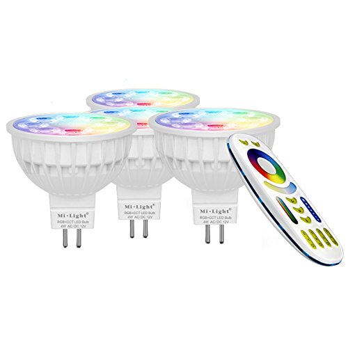 LIGHTEU®, 4x 4W 12V GU5.3 MR16 RGB + CCT LED-Strahler Farbwechsel und CCT WW CW Temperatur einstellbar, original Mi-Light, Glühlampe mit 4-Zonen-Fernbedienung (4x FUT104 + FUT092) von lighteu