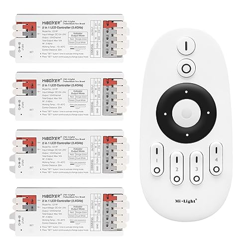 LIGHTEU®, Milight Miboxer 2 in 1 LED Controller (2,4 GHz), einfarbiger und zweiweißer LED Streifen Controller DC12V/24V, PWM-Hoch-/Niederfrequenz, unterstützt Push-Dim, 4x E2-RF + FUT007 von lighteu