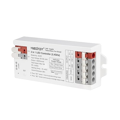 LIGHTEU®, Milight Miboxer 2 in 1 LED Controller 2,4 GHz LED Streifen Controller DC12V/24V Ausgang max. 12A, unterstützt Push Dim, E2-RF von lighteu