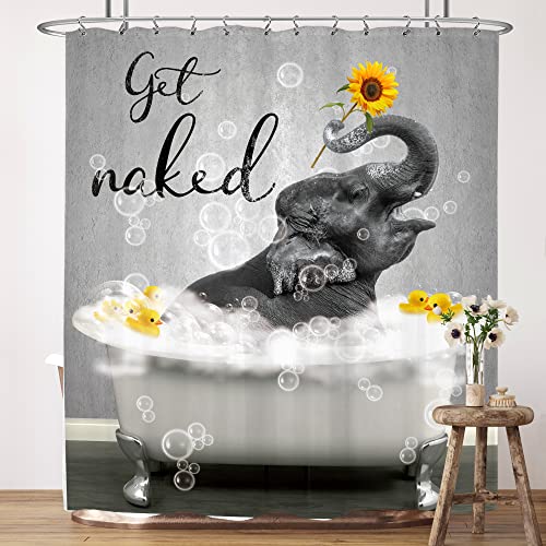 LIGHTINHOME Lustiger Elefant Get Naked Duschvorhang 152x183 cm (BxH), niedliche Tierente in Badewanne, Sonnenblume, wasserdichtes Polyester, 12 Stück Kunststoffhaken von LIGHTINHOME