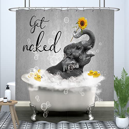 LIGHTINHOME Lustiger Elefanten-Duschvorhang 183x183 cm (BxH), Boho Get Naked niedliche Tierente Bubble in Badewanne, Kinder-Sonnenblume, Polyester, Badezimmer-Heimdekor-Set mit Haken von LIGHTINHOME