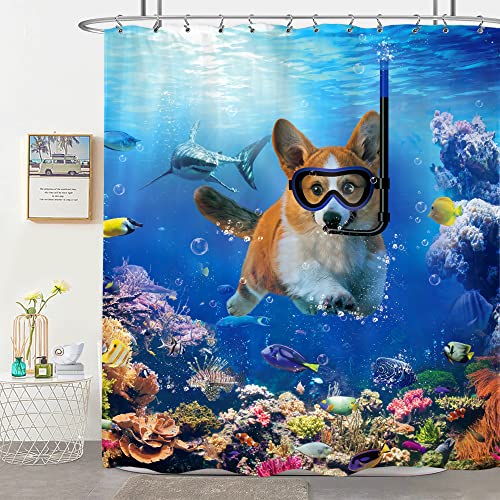 LIGHTINHOME Lustiger Taucher Hund Duschvorhang 152x183 cm (BxH), Corgi Schwimmen Unterwasser, Meereswal, Hai, Ozean, Tier, Baby, Pirat, Kind, Cartoon, Badezimmer, Heimdekor-Set mit Haken von LIGHTINHOME