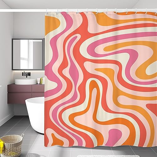 LIGHTINHOME Moderner abstrakter Kunststoff-Duschvorhang 152x183 cm (BxH), ästhetisch, niedlich, Hippie, 70er-Jahre, Retro, Spiral, Orange, Rosa, bunt, Badezimmer, Heimdekoration mit Haken von LIGHTINHOME