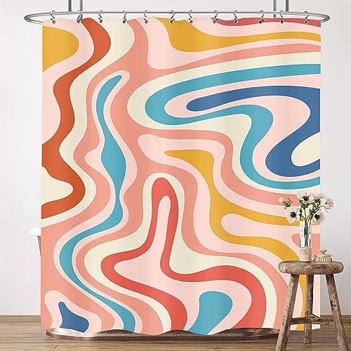 LIGHTINHOME Retro 70er Jahre Boho Duschvorhang 183 x 183 cm Abstrakte Regenbogen Spirale Wirbel Wellen Bunt Modern Y2K Groovy Aesthetic Cloth Stoff Wasserdicht Polyester Badezimmer Home Decor Set mit von LIGHTINHOME