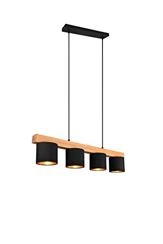 lightling Cameron Pendelleuchte, 4-flammige Hängeleuchte in Kombination aus schwarz gold Stoffschirmen und Korpus aus Holz, exkl. 4 x E14 max. 28 Watt, höhenverstellbar bis 150 cm, Breite: 75 cm von lightling