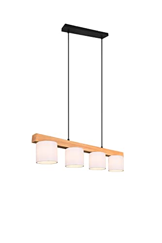 lightling Cameron Pendelleuchte, 4-flammige Hängeleuchte in Kombination aus weißen Stoffschirmen und Korpus aus Holz, exkl. 4 x E14 max. 28 Watt, höhenverstellbar bis 150 cm, Breite: 75 cm von lightling