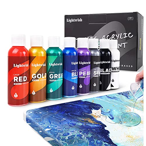 LIGHTWISH Metallic Pouring Acrylfarben Set, 8 schillernde Farben, 118 ml Flaschen, vorgemischte Acrylfarbe mit hohem Durchfluss für Leinwand, Holzsteine, Steine von LIGHTWISH