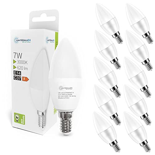 LIGHTWORLD24 7W E14 LED Warmweiss 3000K, E14 LED Lampen Glühbirne Kerze, 620 Lumen Birnen in Kerzenform, Ersetzt 50 Watt 10er SET von LIGHTWORLD24 Welt der Lichter