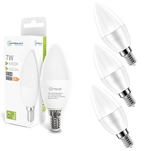 LIGHTWORLD24 E14 LED Kaltweiß 7W Leuchtmittle Glühbirne Energiesparlampe 6500K 620 Lumen Abstrahlwinkel 270 Grad, 3er Pack von LIGHTWORLD24 Welt der Lichter