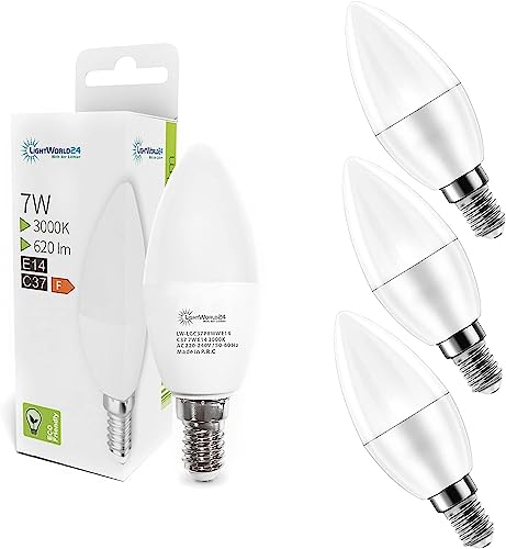 LIGHTWORLD24 E14 LED Lampen Glühbirne Kerze, 7W E14 LED Warmweiss 3000K, 620 Lumen Birnen in Kerzenform, Ersetzt 50 Watt, 270° Strahlwinkel, 3er SET von LIGHTWORLD24 Welt der Lichter