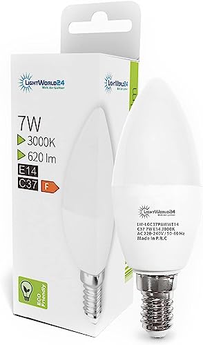 LIGHTWORLD24 E14 LED Lampen Glühbirne Kerze, 7W E14 LED Warmweiss 3000K, 620 Lumen Birnen in Kerzenform, Ersetzt 50 Watt, 270° Strahlwinkel, Nicht Dimmbar 1er SET von LIGHTWORLD24 Welt der Lichter