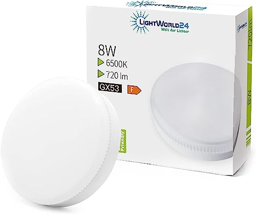 LIGHTWORLD24 GX53 LED Lampe 8W Kaltweiß,GX53 Leuchtmittel,Ersatz 60W GX53,720Lumen,6500K,120 Grad Winkel,CRI> 80,GX 53 LED Glühlampe,1er Pack von LIGHTWORLD24 Welt der Lichter