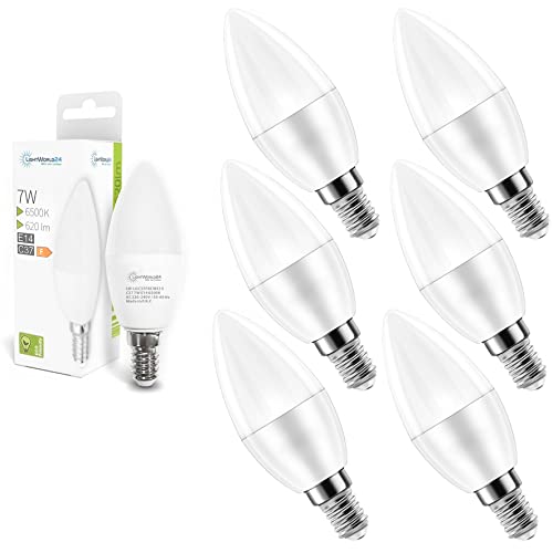 LIGHTWORLD24 LED E14 Lampe 7W Glühbirne Ersetzt 60W Glühlampen, Kerzenform, 620 Lumen, 6500K Kaltweiß, Lampe C37 Leuchtmittel E14 LED Birne, 270 Grad Abstrahlwinkel, Nicht Dimmbar - 6 Stück von LIGHTWORLD24 Welt der Lichter