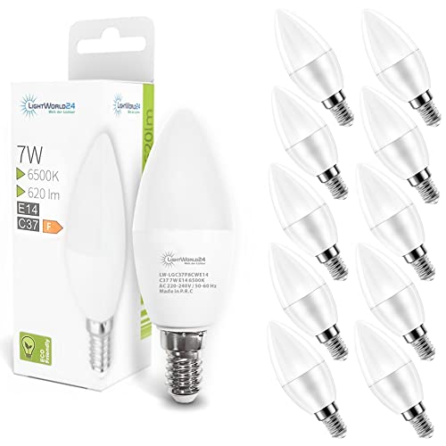 LIGHTWORLD24 LED Lampe E14, 620 lm, 6500K Kaltweiß, ersetzt 40 Watt, 7W LED Leuchtmittel in Kerzenform C37, matt 10er SET von LIGHTWORLD24 Welt der Lichter