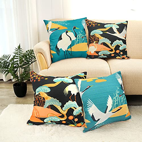 LIGICKY 4er-Set Kissenbezug Japanischen Stil Baumwolle Leinen Dekorative Kissenhülle Weißer Kranich Bedruckter Weich Kissenbezüge für Sofa Couch Schlafzimmer Wohnzimmer Büro 45 x 45 cm von LIGICKY