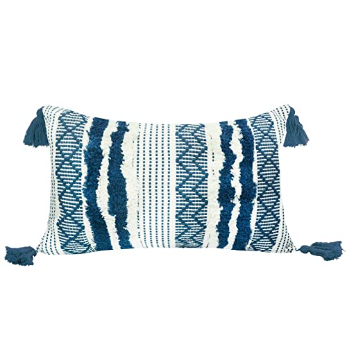 LIGICKY Boho Kissenbezug Büschelige Dekorative Kissenbezüge Getuftet Weich Kissenhülle mit Quaste Baumwolle Kissen Boho für Sofa Couch Schlafzimmer Wohnzimmer Büro Auto, 30 x 50 cm, Blau und Weiß von LIGICKY