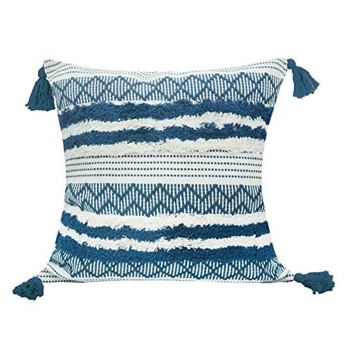 LIGICKY Boho Kissenbezug Büschelige Dekorative Kissenbezüge Getuftet Weich Kissenhülle mit Quaste Baumwolle Kissen Boho für Sofa Couch Schlafzimmer Wohnzimmer Büro Auto, 45 x 45 cm, Blau und Weiß von LIGICKY