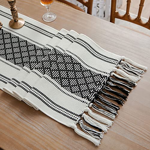 LIGICKY Dekorative Tischläufer, 35x220 cm, Moderne Boho Marokkanisch Gewebt mit Quasten Tischband Dekoration Tischdeko für Geburtstage Hochzeiten Ferien Besondere Anlässe und Feste, Schwarz und Weiß von LIGICKY