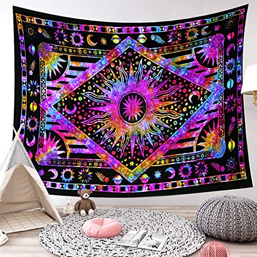 LIGICKY Indisch Psychedelic Wandteppich Mandala Indischer Bohemian Wandbehang Boho Baumwolle Hippie Wandtuch/Meditation Yoga Mats (Sonne Mond Sterne, Lila，150 x 200cm) von LIGICKY