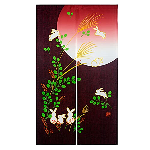 LIGICKY Japanische Gardinen Noren Lang Vorhänge Türvorhang Tapisseri für die Heimtextilien Raumteiler, Rot 85 x 150 cm (Kaninchen unter Mond) von LIGICKY