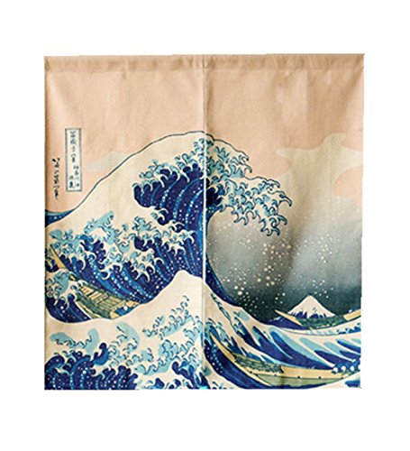 LIGICKY Japanische Gardinen Noren kurz Vorhänge Türvorhang Verdicken Leinen Tapisseri für die Heimtextilien Raumteiler 85 x 90 cm (Ukiyoe Hokusai The Great Wave Off Kanagawa) von LIGICKY