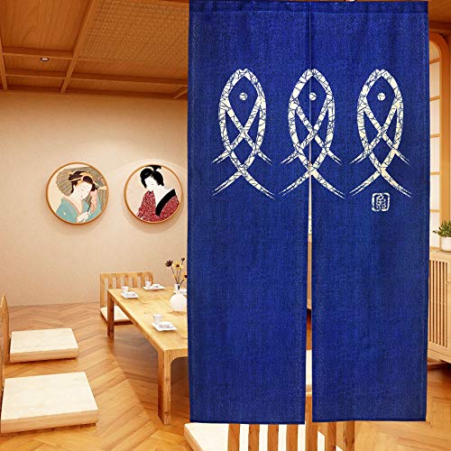 LIGICKY Japanische Noren Lang Vorhang Türvorhang Schlafzimmer Tapisseri für die Heimtextilien Raumteiler, Blau 85 x 150 cm (Fische Malerei) von LIGICKY