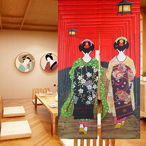 LIGICKY Japanische Noren Lang Vorhang Türvorhang Tapisseri Fliegen Insektenvorhang Raumteiler 85 x 150 cm ，Rot(Kyoto-Geisha-Mädchen am Fushimi Inari-Schrein) von LIGICKY