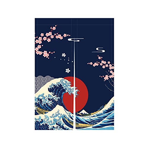 LIGICKY Japanischer Stil Dick Noren Lang Vorhänge Kirschblüten und Kanagawa-Wellen Türvorhang Raumteiler Tapisserie für die Heimtextilien Raumteiler 85 x 120 cm Blau von LIGICKY